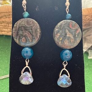 Hand Crafted Blue and Carved Stone Artistic Earrings